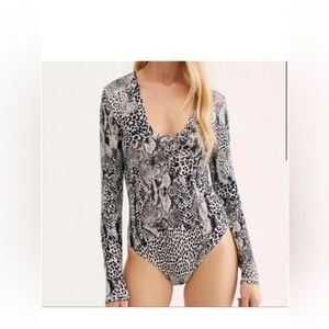 Free People Gotcha Animal Print Long Sleeve Bodysuit size Medium